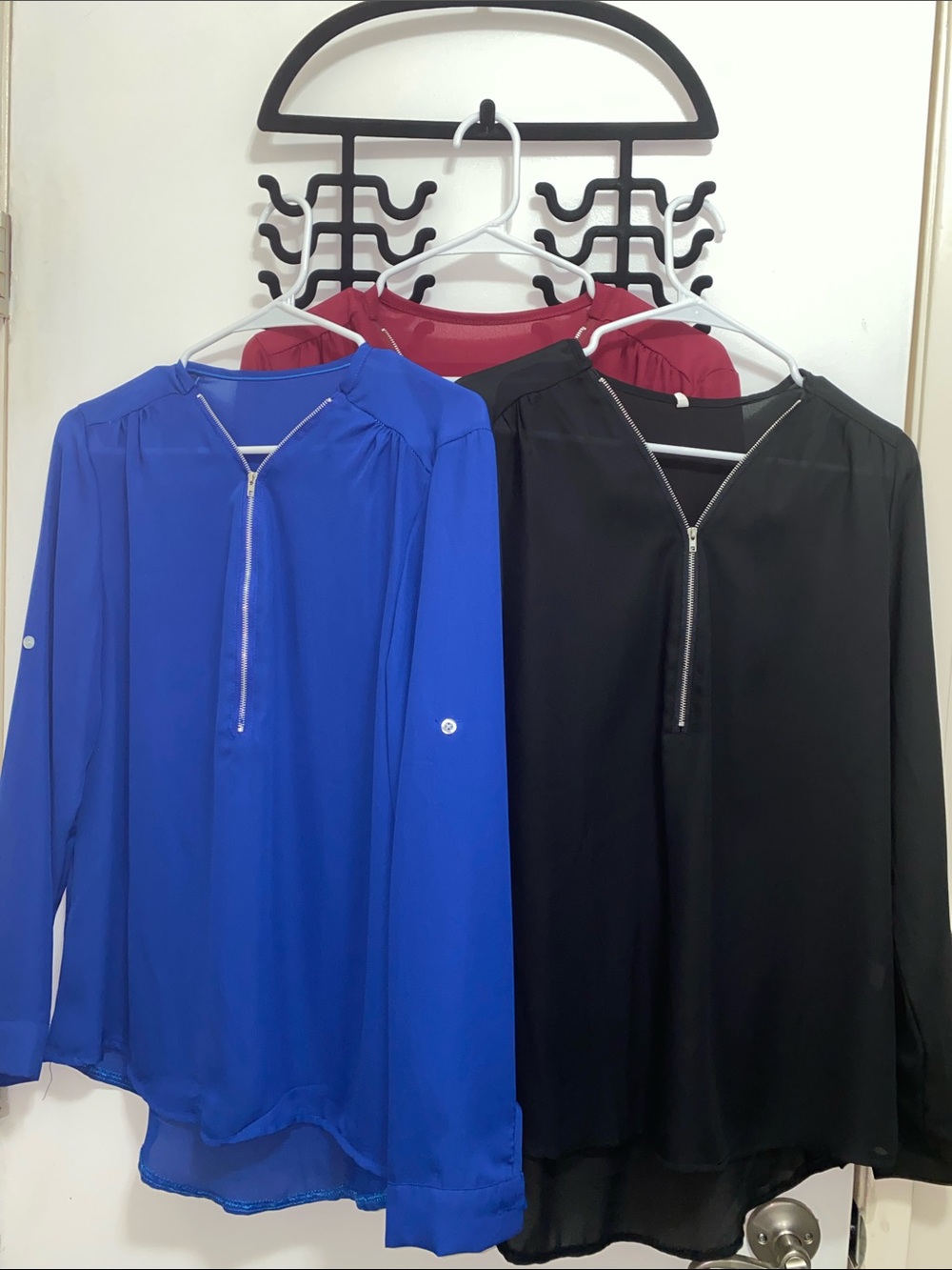 3 pcs - bundle Long Sleeve Zip Front Blouse - Royal Blue, burgundy and black